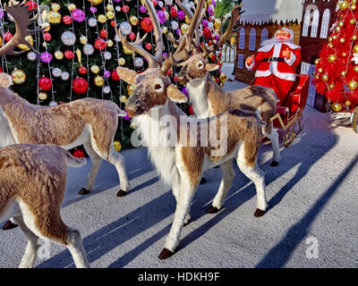 Santa Claus on his reindeer pulled sleigh Stock Photo