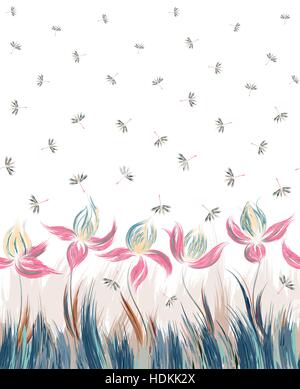 Seamless pattern with floral ornament, irises in a grunge style on white background. Stock Vector