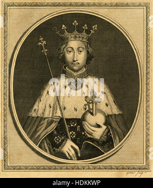 Antique 1785 engraving, King Richard II. Richard II (1367-1400), also known as Richard of Bordeaux, was King of England from 1377 until he was deposed on 30 September 1399. SOURCE: ORIGINAL ENGRAVING. Stock Photo