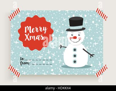 Cute merry christmas greeting card design template with winter snowman illustration and retro holiday decoration. EPS10 vector. Stock Vector