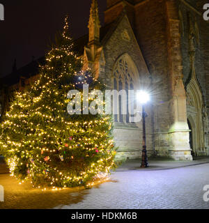 The Christmas tree and Newport Minster church at St Thomas Square, Newport, Isle of Wight. Stock Photo