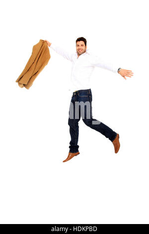 handsome business man jumping isolated on a white background Stock Photo