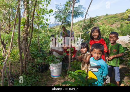 Muslim family preparing to plant coffee seedlings in mountain Stock Photo