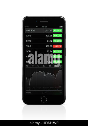 Apple iPhone 7 Plus with with stock market app on its display isolated on white background with clipping path Stock Photo