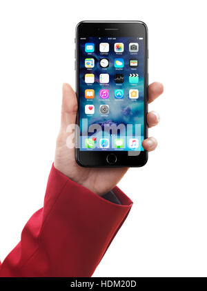Woman hand holding Apple iPhone 7 Plus isolated on white background Stock Photo