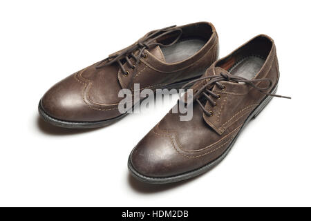 Dark Brown Leather Shoes on White Background Stock Photo
