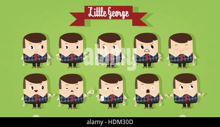 Digital vector cartoon character, cute young school boy showing different emotions, little george with red tie and brown hair Stock Vector