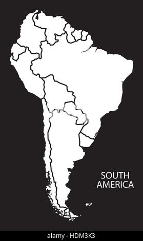 South America with countries Map black and white illustration Stock Vector