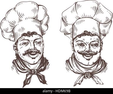 Drawn chef cooks on white background in style of engravings. Vector illustration isolated on white background Stock Vector