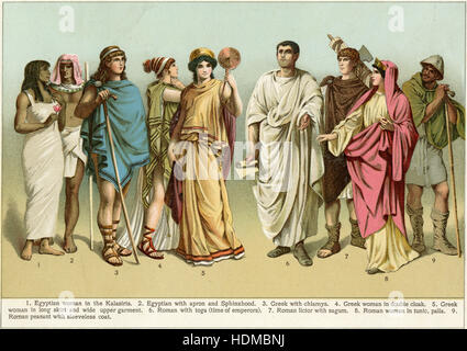 Antique 1897 chromolithgraph showing Costumes from Ancient Times — Egyptian woman in the Kalasiris; Egyptian with apron and Sphinxhood; Greek with chlamys; Greek woman in double cloak; Greek woman in long skirt and wide upper garment; Roman with toga (time of emperors); Roman lictor with sagum; Roman woman in tunic, palla; Roman peasant with sleeveless coat. SOURCE: ORIGINAL CHROMOLITHOGRAPH. Stock Photo
