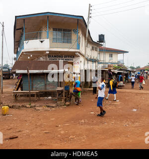 Street of Kenema in Sierra Leone with diamond dealer shops Stock Photo