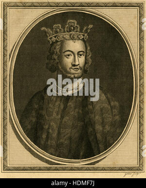 Antique 1787 engraving, depicting John, King of England. John (1166-1216), also known as John Lackland, was King of England from 6 April 1199 until his death in 1216. SOURCE: ORIGINAL ENGRAVING. Stock Photo