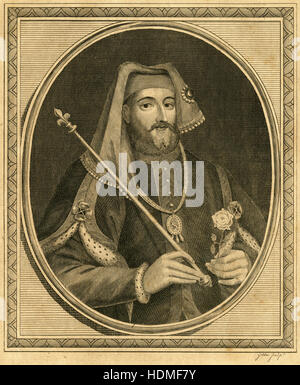 Antique 1787 engraving, depicting King Henry IV of England. Henry of Bolingbroke (1367-1413), born at Bolingbroke Castle in Lincolnshire, was King Henry IV of England and Lord of Ireland from 1399 to 1413, and asserted the claim of his grandfather, Edward III, to the Kingdom of France. SOURCE: ORIGINAL ENGRAVING.