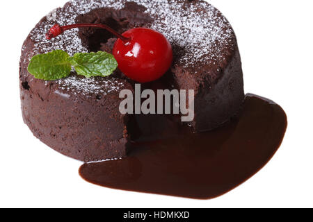 fondant chocolate cake with cherries and mint closeup isolated on white background Stock Photo