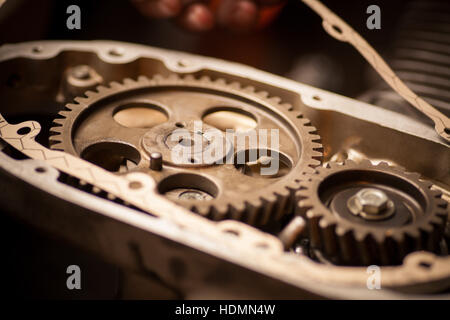 Close up shot the timing sprockets from a boxer motorcycle engine. Stock Photo