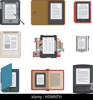Collection of tablet computer books for reading. Modern devices with cloud technology. Mobile education concept. Different electronic mobile books. Fl Stock Vector