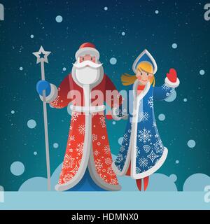 New Year greeting card with cartoon Father Frost and Snow Maiden. Christmas gift card with Santa Claus. Winter holiday Xmas postcard with Ded Moroz an Stock Vector