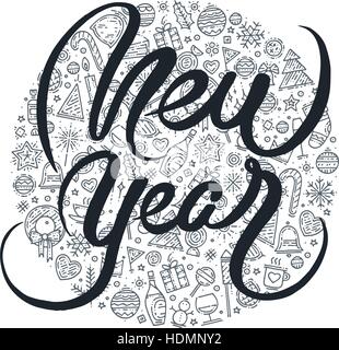 Black and white lettering on different icons background. Happy New Year lettering for greeting card with new year elements in circle. Winter holiday p Stock Vector
