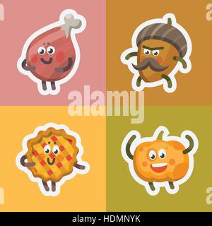 Vector illustration emoticons emoji stickers set on theme of autumn holiday. Autumn emoticons happy thanksgiving day. Different emotions funny pumpkin Stock Vector