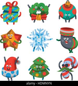 Vector illustration emoticons icons set on theme of winter holiday. Emoji emoticons Happy New Year icon. Emotion merry Christmas funny gift, star, toy Stock Vector