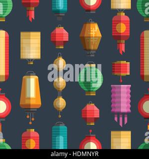 Modern colorful flat vector illustration with different china lanterns. China holiday, festival paper lantern seamless pattern. Elements for your desi Stock Vector