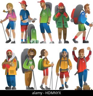 Vector illustration on the theme of hiking, backpacking, climbing, traveling, trekking, walking. Big set of hiking people. Adventure in nature outdoor Stock Vector