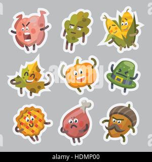 Vector illustration emoticons emoji stickers set on theme of autumn holiday. Autumn emoticons happy thanksgiving day. Different emotions funny pumpkin Stock Vector