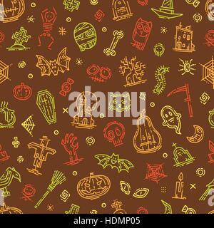 Vector illustration on the theme of halloween. Happy halloween pattern with different elements, pumpkin, bat, grave, spider web. Autumn holiday. Seaso Stock Vector