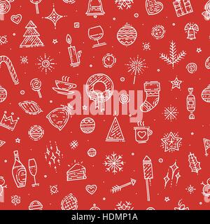 Vector illustration on the theme of new year. Seamless pattern for your design. Hand drawn different elements and icons include fir tree, present, toy Stock Vector