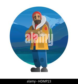 Vector illustration on the theme of hiking, backpacking, climbing, traveling, trekking, walking. Man with wood logs. Winter adventure in nature, outdo Stock Vector