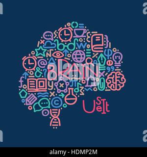 Modern hand drawn vector illustration with text: brain use it, and different education science symbols include book, brain, flask. Education and schoo Stock Vector