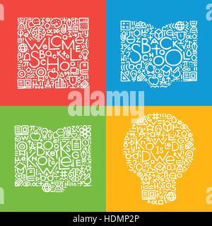 Set of modern hand drawn vector illustrations with text and different education and science symbols include book, brain, flask. Education and school e Stock Vector
