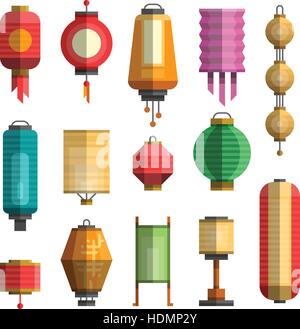 Modern colorful flat vector illustration with different china lanterns. China holiday, festival paper lantern. Elements for your design, web, posters, Stock Vector