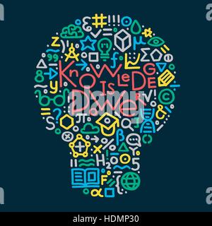 Modern hand drawn vector illustration with text: knowledge is power and different education and science symbols include book, globe, flask, star. Educ Stock Vector