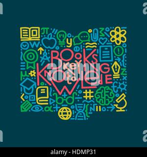Modern hand drawn vector illustration with text: books key to knowledge and different education and science symbols include book, globe, flask. Educat Stock Vector