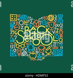 Modern hand drawn vector illustration with text: back to school and different education and science symbols include book, globe, flask, brain. Educati Stock Vector