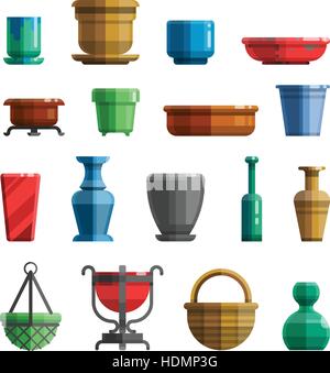 Different flowerpots, pots for flowers, vases, ceramics, trays, bottles. Big set in modern colorful flat style for designs. Isolated vector illustrati Stock Vector