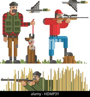 Set of hunters silhouette in different poses with weapon, gun, rifle, dog, duck. Modern geometric flat style. Hunters for design, web, infographic. Is Stock Vector