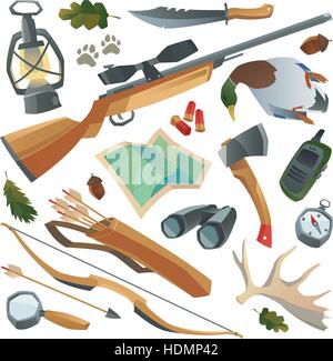Big hunters stuff set. Weapon, rifle, bow, arrows, binoculars, magnifier, quiver, duck, radio, knife, lantern, antler, compass, map, axe, patron, foot Stock Vector