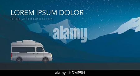 Beautiful mountain landscape web banner with modern small size camper van motor home. New flat realistic style. Poster or banner for your web design.  Stock Vector