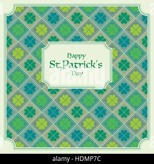 Happy saint Patrick,s day. National Irish holiday. Greetings postcard or banner with seamless pattern with quatrefoil clovers. Modern flat colors. Vin Stock Vector