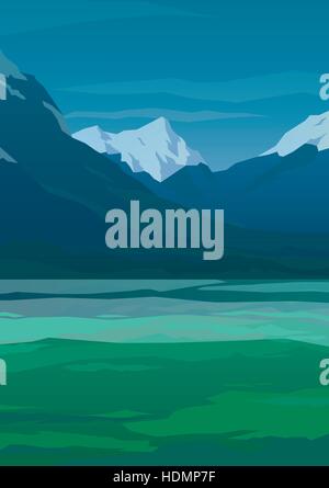 High mountains and green spring field landscape. Clear sky and morning fog. Spectacular view. Poster. Modern flat design. Vector illustration. Stock Vector