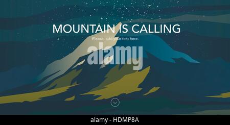 Snow peak and green hills landscape. Bright colors of the sunset. Mountain is calling. Web header. Modern flat design. Vector illustration. Stock Vector