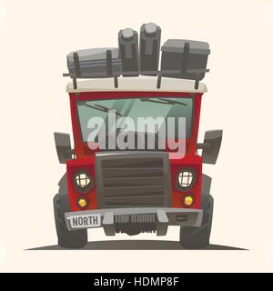 Off road red fully loaded lifted adventure car with hoist, extra wheel and baggage. Front view. Vector illustration. Stock Vector