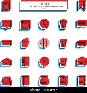 Thin line icon set. Anaglyph 3D red and blue style. Essential office and business items icons. Vector. Stock Vector