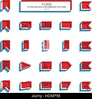 Thin line icon set. Anaglyph 3D red and blue style. Flags, banners and bookmarks icons. Vector. Stock Vector