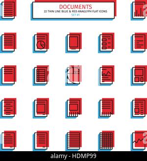 Thin line icon set. Anaglyph 3D red and blue style. Documents, templates, tables, lined blanks, graphics, lists and schedules icons. Vector. Stock Vector