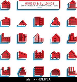 Thin line icon set. Anaglyph 3D red and blue style. House, buildings, religious institutes, plants and factories icons. Vector. Stock Vector