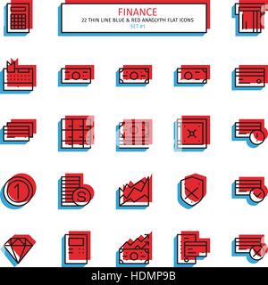 Thin line icon set. Anaglyph 3D red and blue style. Business finance, money, banknote, credit card, banking icons. Vector. Stock Vector