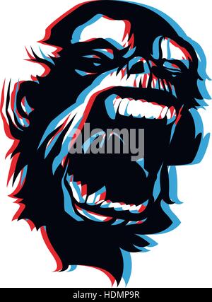 Very angry screaming monkey face 3D anaglyph style. Vector illustration. Stock Vector